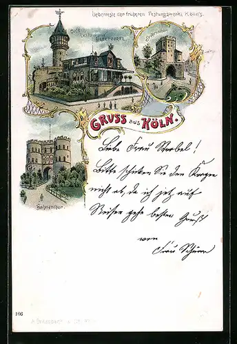 Lithographie Köln, Ueberreste der früheren Festungswerke Köln`s, Hahnenthor, Severinthor