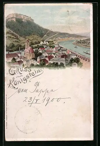 Lithographie Königstein i. Sa., Gesamtansicht mit Elbe