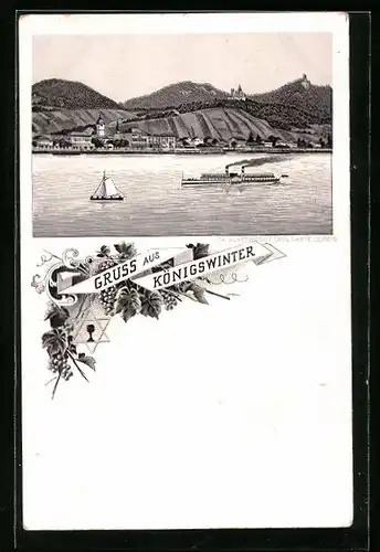 Lithographie Königswinter /Siebengebirge, Gesamtansicht mit Rheindampfer