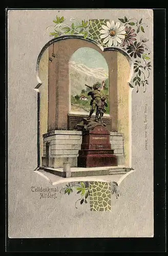 Passepartout-Lithographie Altdorf, Blick zum Telldenkmal mit Blüten-Dekor