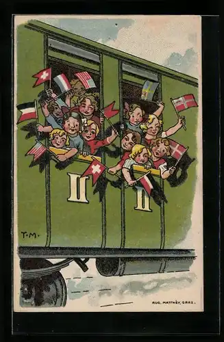 AK Kinder mit Fahnen winken aus einem Zug