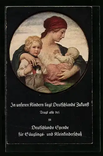 AK Mutter mit Kindern, Aufruf zur Spende für Säuglings- und Kleinkinderschutz