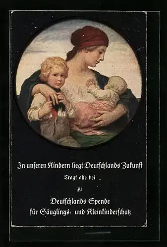 AK Mutter mit Kindern, Spendenaufruf für Säuglings- und Kleinkinderschutz