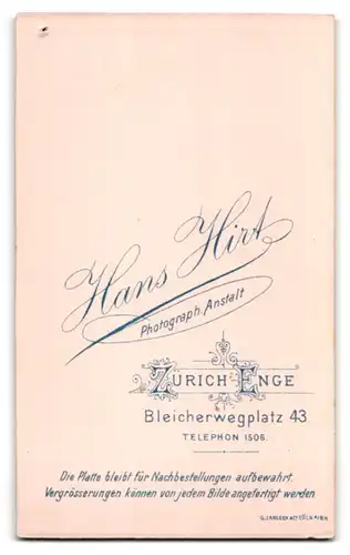 Fotografie Hans Hirt, Zürich-Enge, Bleicherwegplatz 43, Junge Frau mit Medaillon