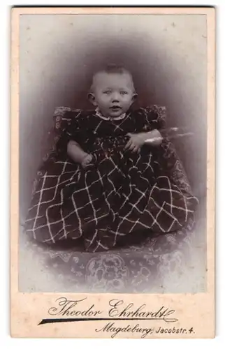 Fotografie Theodor Ehrhardt, Magdeburg, Jacobstrasse 4, Kleinkind im weiten karierten Kleidchen