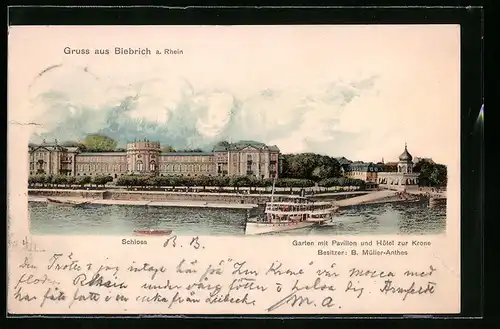 AK Biebrich a. Rhein, Hotel zur Krone und Schloss, Dampfer