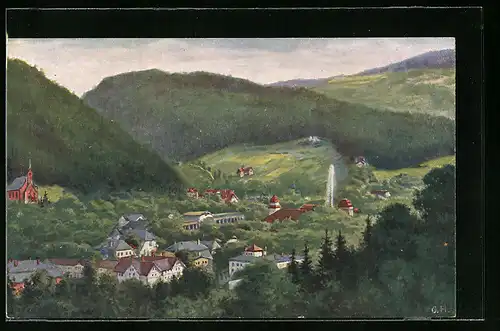 Künstler-AK Reinerz /Grafschaft Glatz, der Ort aus der Vogelschau