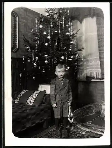 Fotografie Weihnachten, Knabe vor Weihnachtsbaum stehend