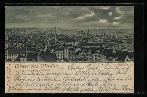 Mondschein-Lithographie Werdau, Blick auf die Stadt