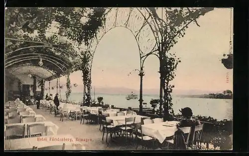 AK Remagen, Hotel Fürstenberg mit Blick von der Terrasse auf das Wasser