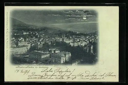 Mondschein-AK Baden-Baden, Blick auf den Ort