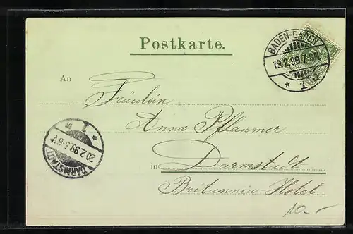 Mondschein-AK Baden-Baden, Blick auf den Ort