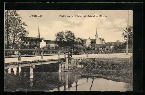 AK Dobrilugk, Partie an de Elster mit Schloss u. Kirche