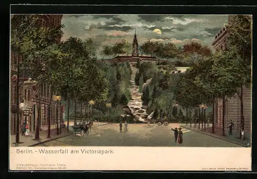 AK Berlin, Wasserfall am Viktoriapark bei Nacht