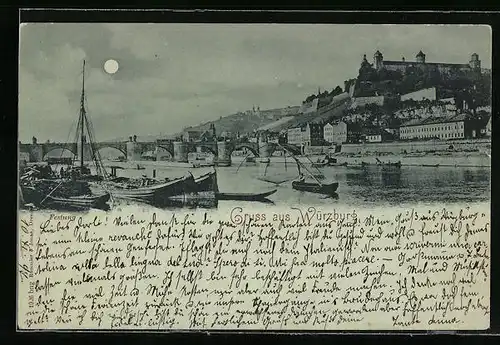 Mondschein-AK Würzburg, Blick übers Wasser auf die Stadt
