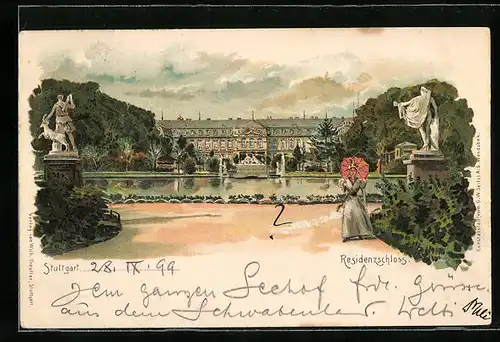 Lithographie Stuttgart, Blick auf das Residenzschloss