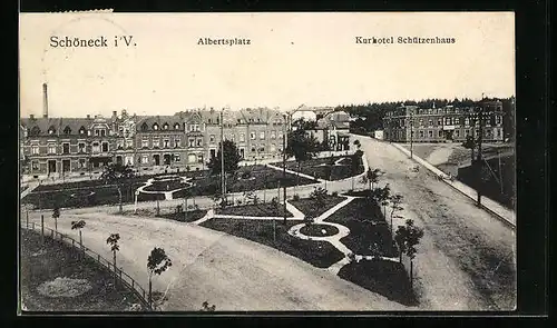 AK Schöneck i. V., Albertsplatz und Kurhotel Schützenhaus