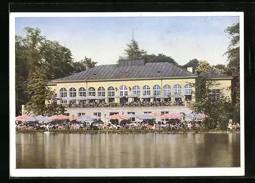 AK München-Schwabing, Gaststätte Seehaus Kleinhesselohe im Englischen Garten, vom Wasser gesehen