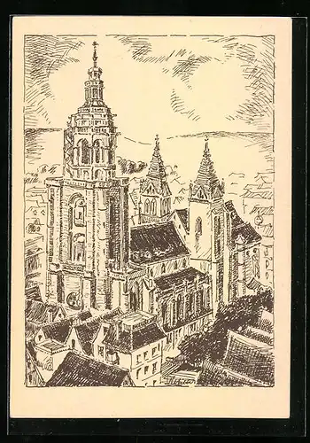 Künstler-AK Heilbronn /Neckar, Kilianskirche von oben gesehen