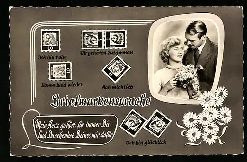 AK Briefmarkensprache, Liebespaar mit Blumensträusschen
