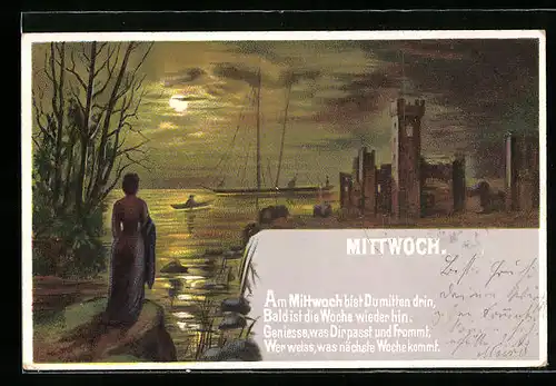 Lithographie Mittwoch, Abendliches Idyll am Ufer