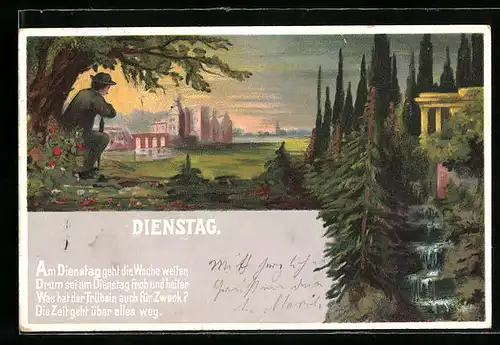 Lithographie Dienstag, Herr mit Schirm am Waldesrand, Abendrot