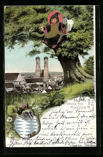 AK Gruss aus München, Münchner Kindl mit Mass im Baum