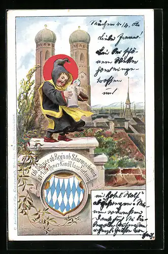 Lithographie Ob Schnee ob Reg`n ob Sturmgebraus, s`Münchner Kind`l lasst net aus