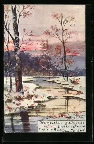 Künstler-AK Februar, Abendrot am Bachlauf