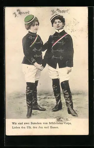 AK Wir sind zwei Burschen vom fröhlichen Corps, Lieben den Ulk, den Jux und Humor, studentische Szene