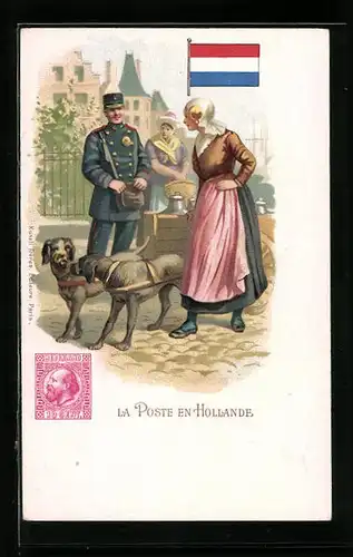 Lithographie La Poste En-Hollande, Hunde vor den Milchkarren gespannt, Briefmarke