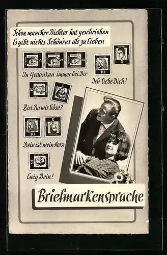 AK Briefmarkensprache, Liebespaar im Portrait
