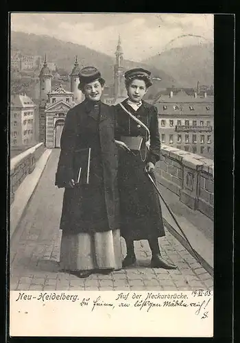 AK Neu-Heidelberg, Studentinnen auf der Neckarbrücke