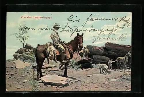 AK Jäger zu Pferde mit einem erlegten Leoparden
