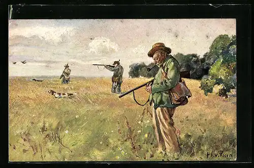 AK Drei Jäger mit Gewehren und Jagdhunden