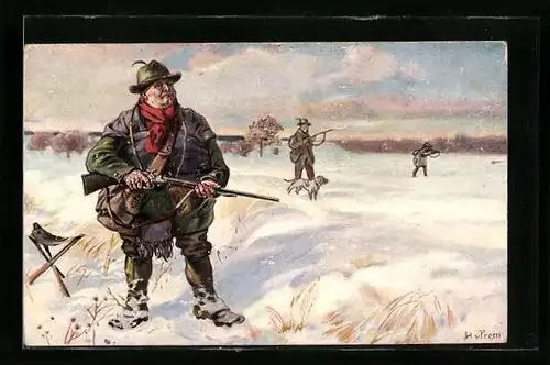 AK Drei Jäger mit Gewehren und Jagdhunden im Schnee