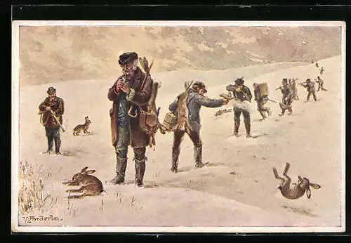 AK Jäger schiessen Hasen im Schnee