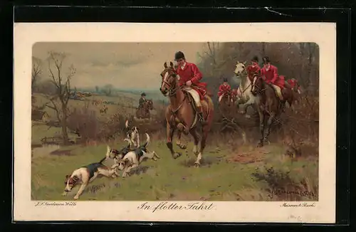 Künstler-AK In flotter Fahrt, Reitende Jäger mit Hunden