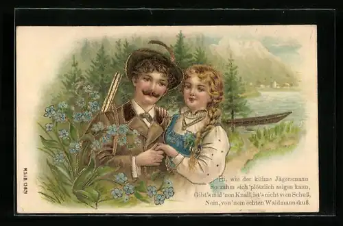 Präge-AK Jägersmann mit seinem Mädchen in einer Landschaft