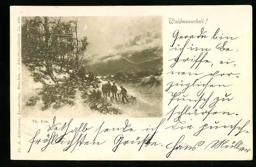 AK Jäger in Winterlandschaft im Mondschein, Waidmanns Heil