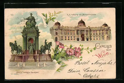 Lithographie Wien, Maria Theresia Denkmal, Hofburg am Michaelerplatz