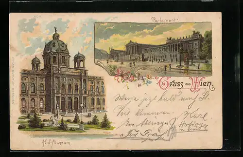 Lithographie Wien, Parlament, Hof Museum