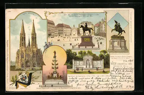 Lithographie Wien, Votivkirche, Grillparzer Denkmal