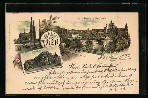 Lithographie Wien, Votivkirche, Elisabethbrücke und Karlskirche