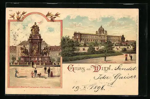 Lithographie Wien, Maria Theresien Denkmal, K. K. Museum