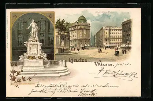 Lithographie Wien, Mozart-Denkmal, Albrechts-Platz