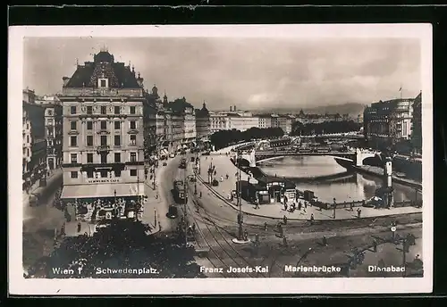 AK Wien, Franz-Josefs-Kai, Schwedenplatz mit Marienbrücke und Dianabad