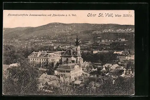 AK Wien, Fürsterzbischöfliche Sommerresidenz und Kirche zum heiligen Veit aus der Vogelschau