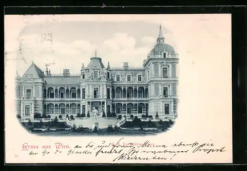 AK Wien, K. K. Lustschloss Lainz mit Anlagen und Standbild