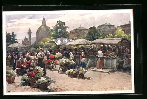 Künstler-AK Wien, Markttreiben am Naschmarkt bei Sonnenschein